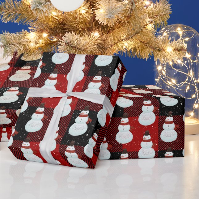 Snowmen in Snowflakes on Plaid Wrapping Paper (Holidays)