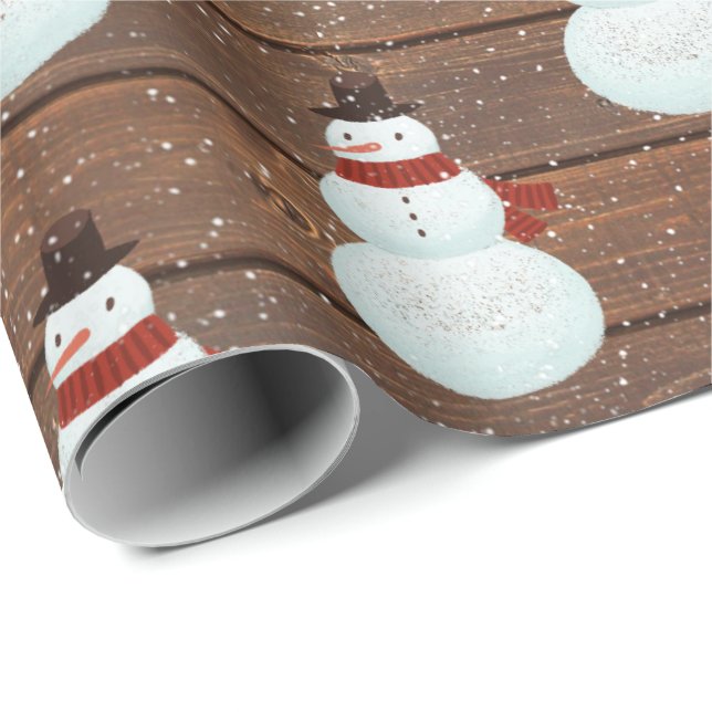 Snowmen In Snowflakes On Wood Wrapping Paper (Roll Corner)