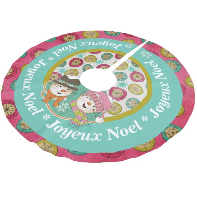 Snowmen Joyeux Noel Holiday Tree Skirt (Angled)
