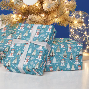 Snowmen Modern Christmas Trees Ice Blue Christmas Wrapping Paper