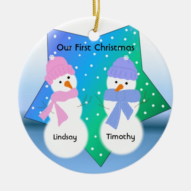 Snowmen Newlyweds Ceramic Ornament (Front)