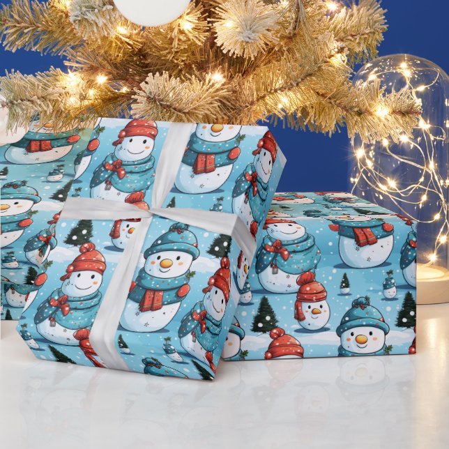 Snowmen Pine Trees Snow Blue Christmas Wrapping Paper (Holidays)