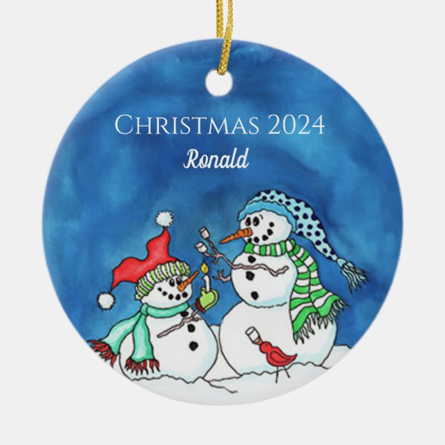 Snowmen Roasting Marshmellows Personalised Ornamen Ceramic Ornament (Front)