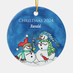 Snowmen Roasting Marshmellows Personalized Ornamen Ceramic Ornament