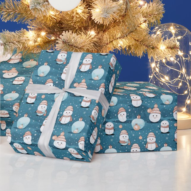 Snowmen Snow Christmas Ornaments Blue Christmas Wrapping Paper (Holidays)