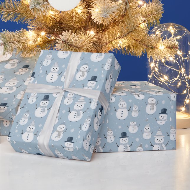 Snowmen Snowflakes Blue Modern Christmas Wrapping Paper (Holidays)
