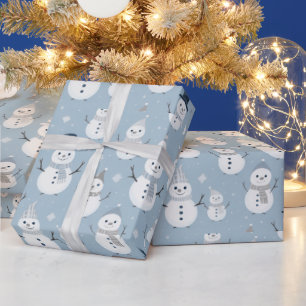Snowmen Snowflakes Blue Modern Christmas Wrapping Paper