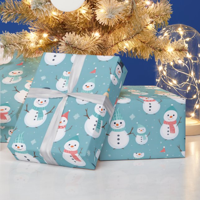Snowmen Snowflakes Blue Modern Christmas Wrapping Paper (Holidays)