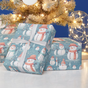 Snowmen Snowflakes Blue Modern Christmas Wrapping Paper