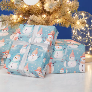 Snowmen Snowflakes Blue Modern Christmas Wrapping Paper