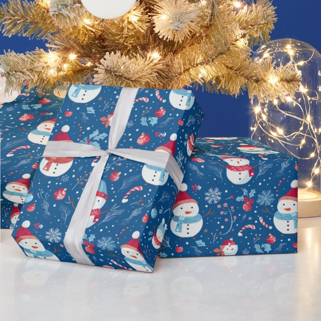 Snowmen Snowflakes Candy Canes Blue Christmas Wrapping Paper (Holidays)