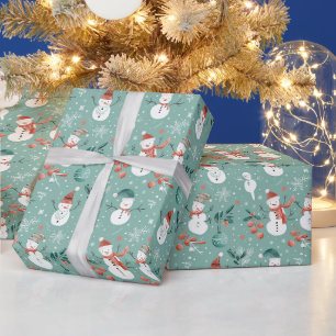 Snowmen Snowflakes Holly Leaves Green Christmas Wrapping Paper