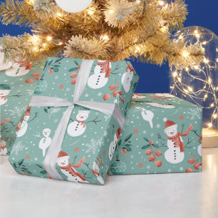 Snowmen Snowflakes Holly Leaves Green Christmas Wrapping Paper