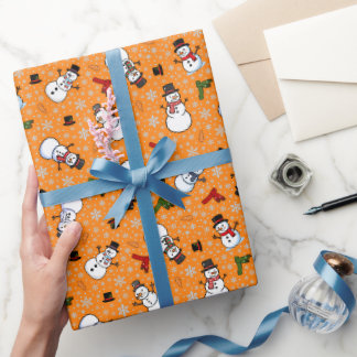 Snowmen & Snowflakes on Orange Wrapping Paper
