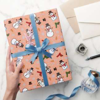Snowmen & Snowflakes on Peach Wrapping Paper
