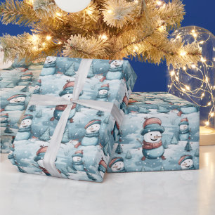 Snowmen Snowy Field Trees Ice Blue Christmas Wrapping Paper