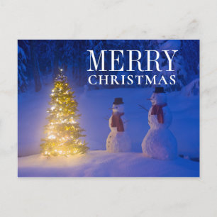 Snowmen Standing Next To Christmas Tree Holiday Postcard