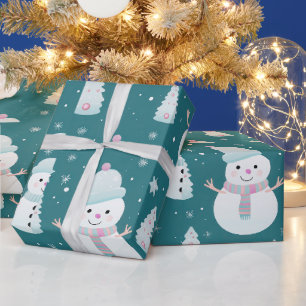 Snowmen Trees Snowflakes Modern Christmas Wrapping Paper