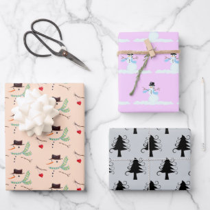Snowmen Trees Unconventional Christmas Colours Wrapping Paper Sheet