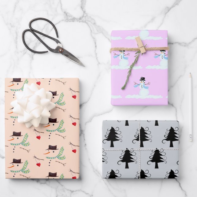 Snowmen Trees Unconventional Christmas Colours Wrapping Paper Sheet (Front)