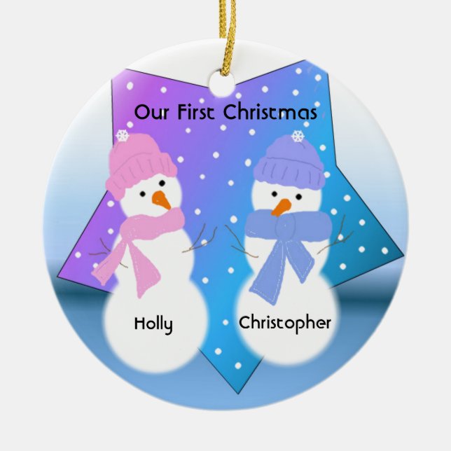 Snowmen Twins First Christmas Ceramic Ornament (Front)
