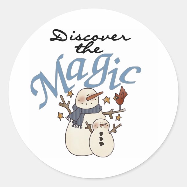 Snowmen Winter Discover the Magic Classic Round Sticker (Front)