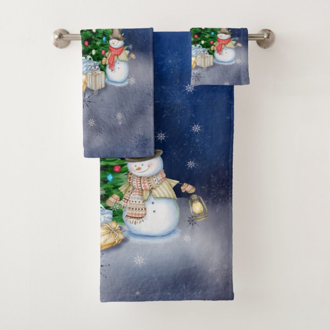 Snowmen with Gifts Under the Christmas Tree Bath Towel Set (Insitu)