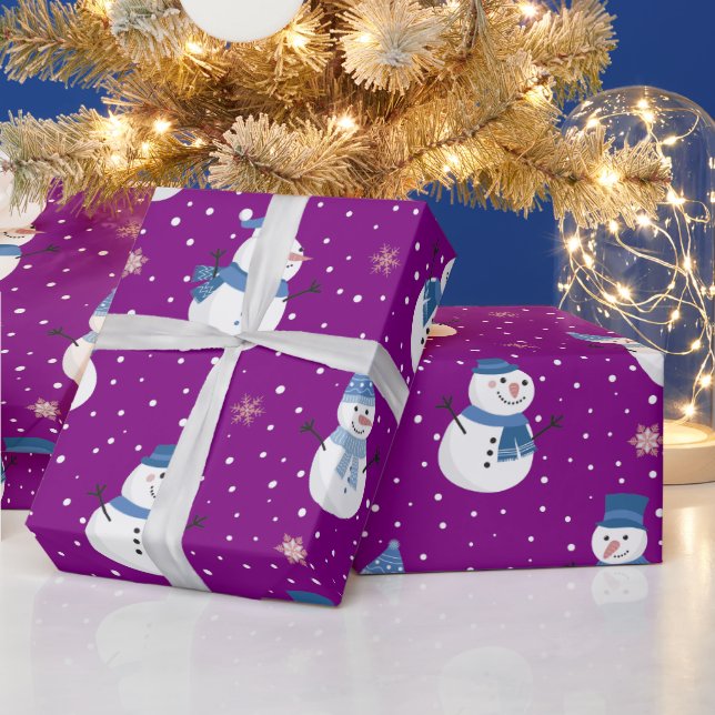 Snowmen with Purple Background  Wrapping Paper (Holidays)
