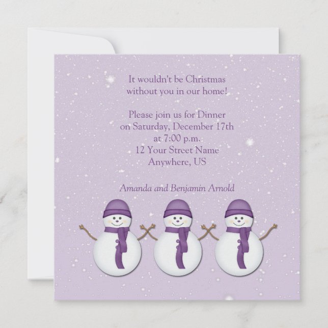 Snowmen with Purple Hats Scarves Christmas Invitat Invitation (Front)