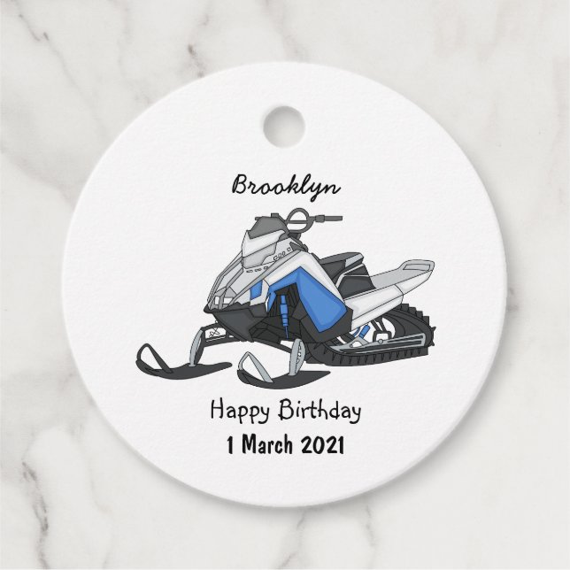 Snowmobile cartoon illustration favour tags (Front)