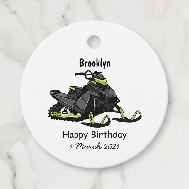 Snowmobile cartoon illustration favour tags (Front)