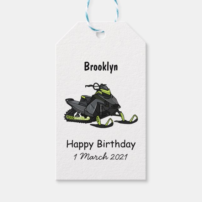 Snowmobile cartoon illustration gift tags (Front)