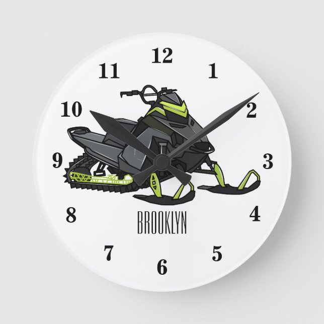 Snowmobile cartoon illustration round clock (Front)