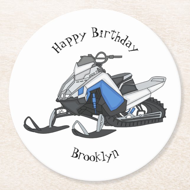Snowmobile cartoon illustration round paper coaster (Front)