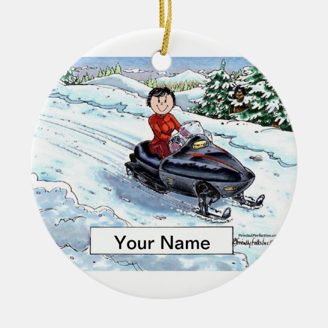 Snowmobile - Female Ceramic Tree Decoration (Front)