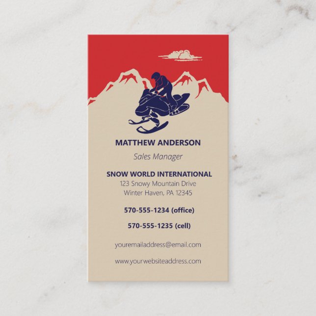 Snowmobile Sales Service Rentals Vertical Business Card (Front)