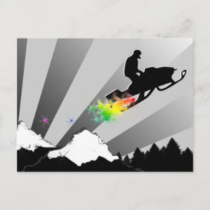 snowmobile. snow trail. postcard