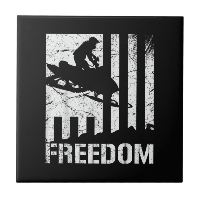 Snowmobile Snowmobiling Freedom Flag Ceramic Tile (Front)