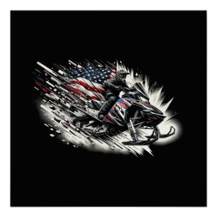 Snowmobile Snowmobiling Freedom Flag Long Sleeve Poster