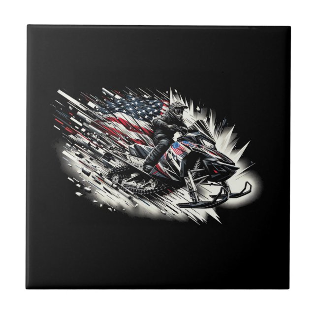 Snowmobile T Snowmobiling Freedom Flag Long Sleeve Ceramic Tile (Front)