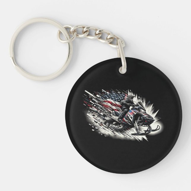 Snowmobile T Snowmobiling Freedom Flag Long Sleeve Key Ring (Front)