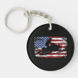 Snowmobile Vintage American Flag Key Ring