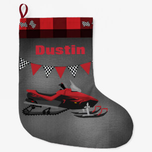 Snowmobile with Chequered Flags Large Christmas Stocking