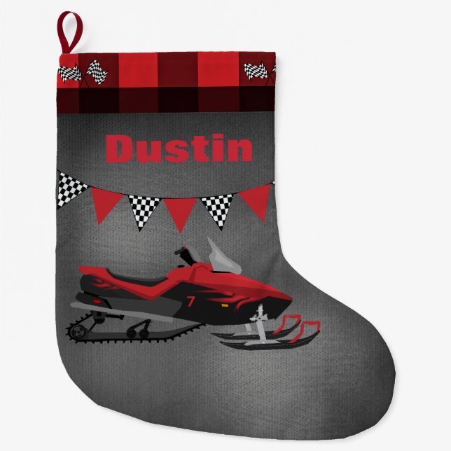 Snowmobile with Chequered Flags Large Christmas Stocking (Front)