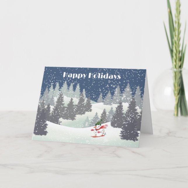 Snowmwan Skier and Winter Pines Holiday Card (Front)