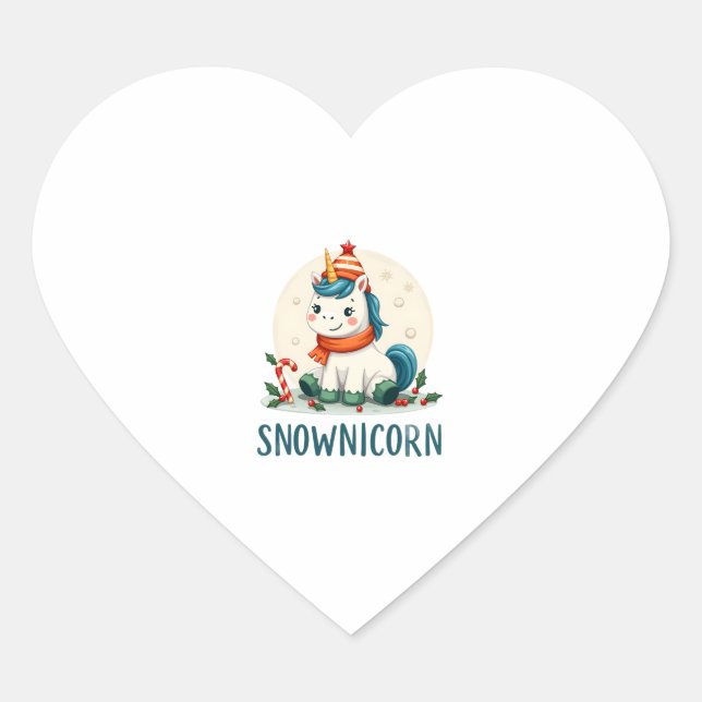 Snownicorn Cute Unicorn Snowman Christmas Girl T-S Heart Sticker (Front)