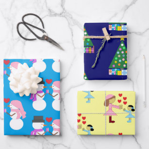 Snowpeople, Christmas Tree, Children & Love: Wrapping Paper Sheet