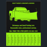 Snowplowing Business Flyer with Tear off Strips<br><div class="desc">Get the word out about your snowplowing business with these eye-catching flyers. They feature an illustration of a pick-up truck with a snow plough in bright lime green set against a black background. Perfect for hanging up in coffee shops, community centres and on other bulletin boards to help get some...</div>