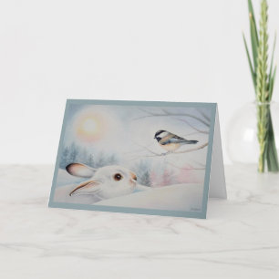 Snowshoe Rabbit & Chickadee Bird Watercolor Art Card