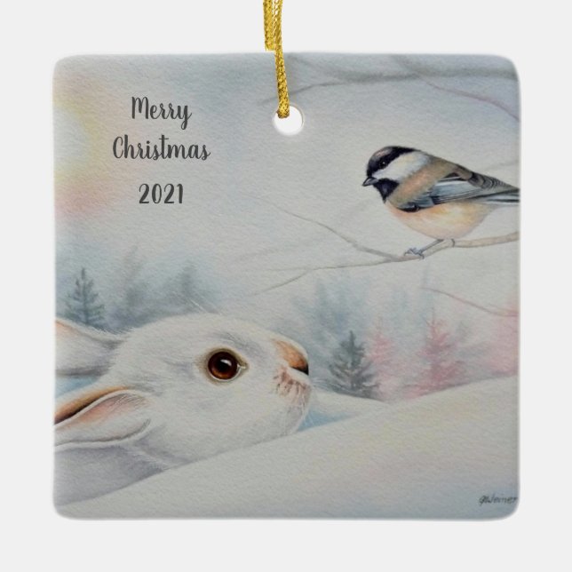 Snowshoe Rabbit & Chickadee Bird Watercolor Art Ceramic Ornament (Front)